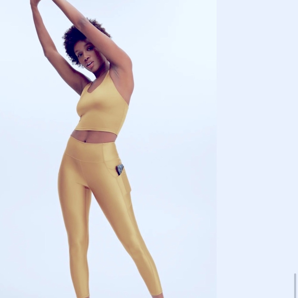 Fabletics Oasis Pure Luxe Gold Shine Leggings and Sports Bra